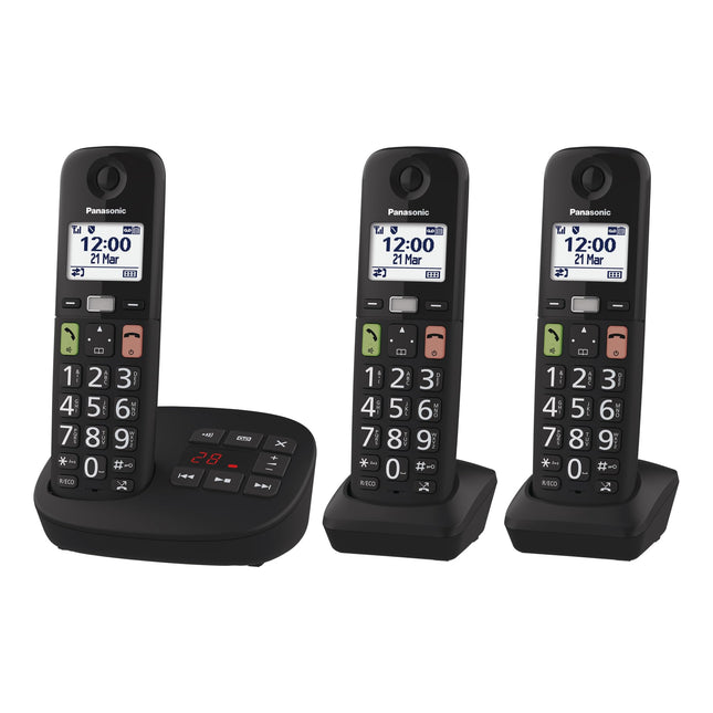 Panasonic KX-TGU133EXB digitaalne juhtmeta telefon automaatvastaja, baasjaama ja 3 käsitelefoniga, LCD-ekraan, suured nupud, lemmikute nupp, kuuldeaparaatidega ühilduv, must
