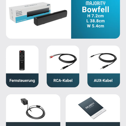 MAJORITY Bowfell heliriba telerile ja arvutile | 50W mini-heliriba Bluetooth 5.0-ga | 2.0 stereokõlarid | USB-taasesitus, AUX ja optiline sisend | Komplektis kaugjuhtimispult (must)