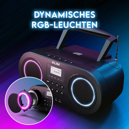 KLIM Boombox B5 raadio CD-mängijaga + FM-raadio, Bluetooth, AUX, USB + UUS + kaasaskantav CD-mängija juhtmevaba režiimi ja laetava akuga + CD-mängija automaatse unerežiimi ja digitaalse ekvalaiseriga