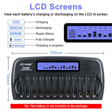 CITYORK 12 pesaga LCD-nutilaadija sisseehitatud IC-kaitsega, AA/AAA NI-MH/NI akudele - vahelduvvooluadapteriga [12V 2A kiirlaadimisfunktsioon], AA akukomplektidega
