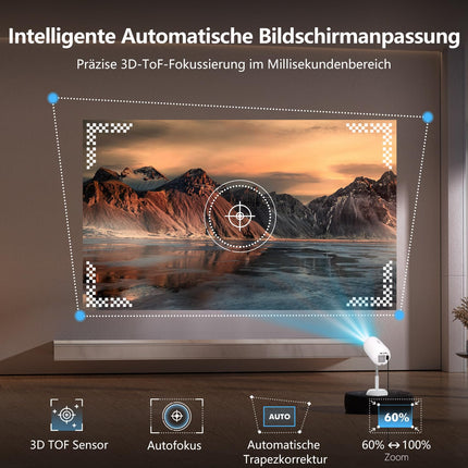 [3D TOF autofookus ja Android TV] Miniprojektor tõstealusega, automaatne trapetsikorrektsiooniga nutiprojektor, VGKE 23000 luumenit Full HD 1080p WiFi6 Bluetooth kodukino projektor mobiiltelefonidele/õue/sülearvutitele