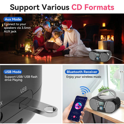 Gueray CD-mängijaga lasteraadio CD-mängijaga, kaasaskantav Boombox ekraaniga, CD-mängija Bluetooth kõlariga, CD-mängija, mälufunktsiooniga, taimeriga, USB-taasesitus, AUX-taasesitus