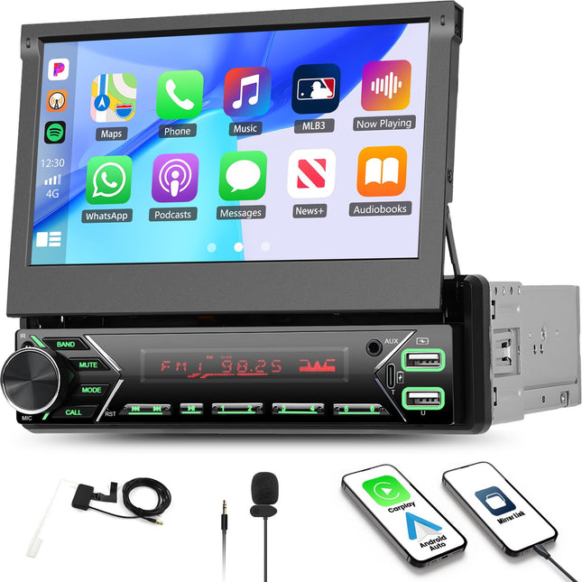Autoraadio 1 DIN, väljatõmmatav, juhtmevaba Carplay, Android Anto DAB+, 7-tolline mootoriga ekraan, pikendatav ekraan, Bluetooth, autostereo, C-tüüpi laadimine, USB/AUX/FM-raadio, Mirrorlink, SWC + mikrofon