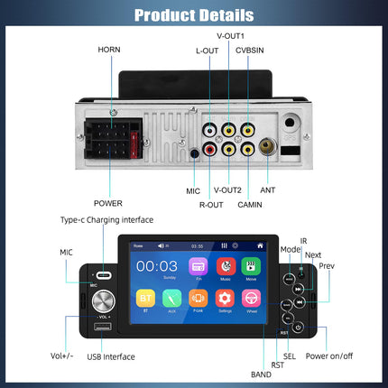CAMECHO autoraadio 1 DIN 5-tollise puutetundliku ekraaniga, ühildub iOS/Android Mirror Linkiga, puutetundliku ekraaniga, Bluetooth Handsfree süsteemiga, FM EQ-ga, SWC TF/USB/AUX/Type-C + tahavaatekaamera