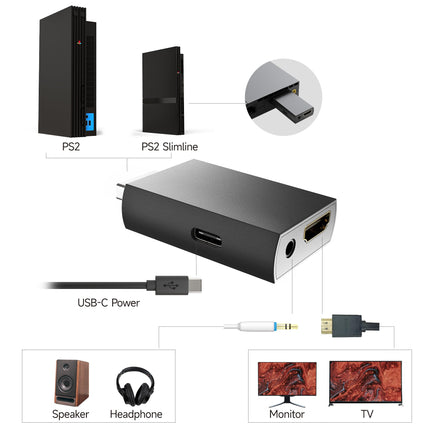 MAYFLASH PS2-HDMI muunduri adapter, videomuundur PS2 HDMI muundur 3,5 mm audioväljundiga HDTV HDMI monitori jaoks, ühildub kõigi PS2 kuvarežiimidega