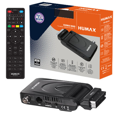 Humax - maapealne DVB-T2 HD-2023T2 Digimax Nano digitaalne dekooder 2-ühes kaugjuhtimispuldiga teleri juhtimiseks