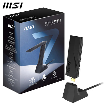 MSI BE6500 WiFi 7 USB Adapter - Wi-Fi up to 2880 Mbps (6 GHz) + 2880 Mbps (5 GHz) + 688 Mbps (2.4 GHz), MU-MIMO, adjustable antenna - Wired mount included
