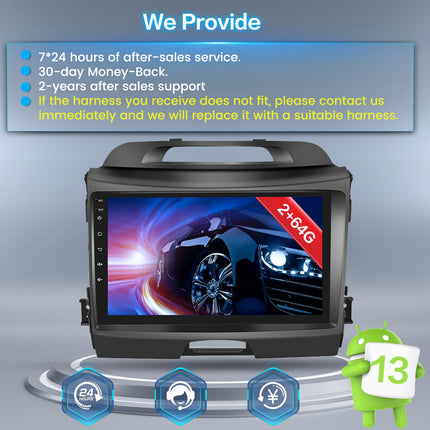 Inefala Android 13 2G/64G autoraadio GPS-navigatsioon Kia Sportage 2010-2016 raadio juhtmevaba Carplay Android Auto, 9-tolline puuteekraan, GPS, WiFi, BT, USB, FM RDS, ekvalaiser, mikrofon, kaamera