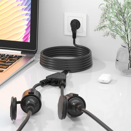 5M outdoor extension cable with 2 Schuko sockets, outdoor extension cable IP44, double extension for outdoor use with protective contact 2-way sockets, 16A/250V, black