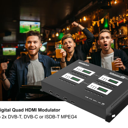 EDISION HDMI modulaator 3in1 Quad, 4x HDMI maapealse DVB-T, ISDB-T või kaabel DVB-C MPEG4 jaoks, 3 valitavat modulatsiooni väljundsignaali, Full HD jaotus koaksiaalkaabli kaudu, Plug and Play