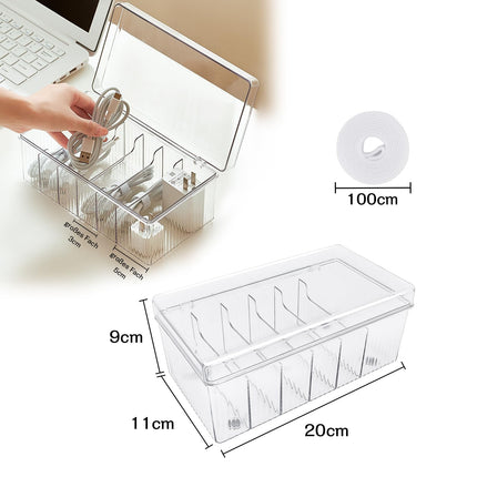 DoocliB kaablihoidiku karp 2 tk, läbipaistev, 20 x 11 x 9 cm, 6 sektsiooni, kaablihalduskarp kaablisidemetega, lauale, kontorisse