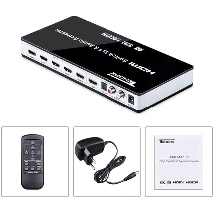 Tendak HDMI-lüliti, HDMI-lüliti 4K 5-pordiline HDMI-jaotur, HDMI-lüliti 5:1 SPDIF-i ja L/R-heli ekstraktoriga, kaugjuhtimispuldiga, toetab ARC UHD 3D-d