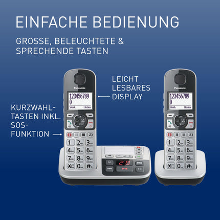 Panasonic KX-TGE522GS DECT senior telephone with emergency call (large button telephone with answering machine, cordless, telephone DUO) silver-black, max 1.5h - talk, 4.6cm display, 150 entries, max 330h standby,