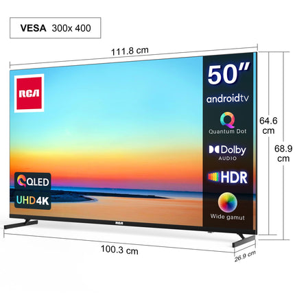 RCA RAQ50UN1 QLED TV 50 inches (126 cm) 4K UHD Smart Android TV Aver HDR Google Assistant Dolby Audio WiFi Bluetooth YouTube Netflix Prime Video VEVO Disney+