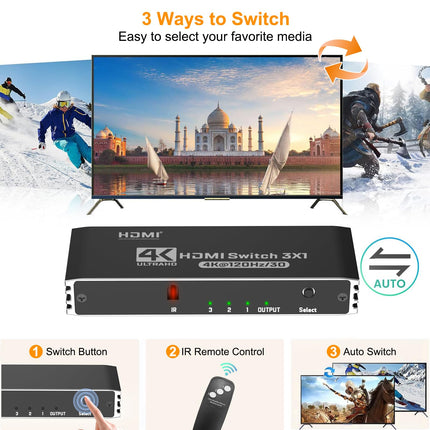 HDMI-lüliti 3 sisse 1 väljund 4K@120Hz HDMI-jaotur Automaatne 4K HDMI-jaotur kaugjuhtimispuldiga, HDMI-lüliti toetab 40Gbps Dolby HDCP2.3 3D HDR-i VR-i, Fire TV, Stick UHD TV, PS4, Xbox DVD, Blu-Ray jaoks