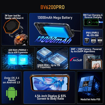 Blackview lepinguta õuemobiiltelefon BV6200 PRO, 13000mAh aku, 8GB+128GB (1TB laiendusvõimalus), 6,56'' HD+, ArcSoft® 13MP+8MP, Android 13 DUAL SIM IP68 MIL-STD-810H veekindel nutitelefon, must