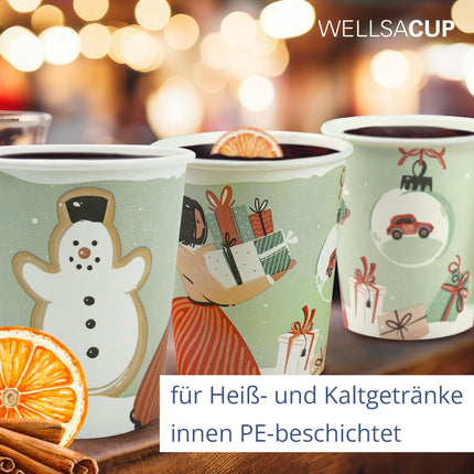 Wellsamed WELLSACUP 1000 paper cups 180 ml, Christmas motif, suitable for hot and cold drinks, coffee to go, mulled wine, punch