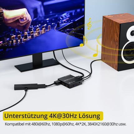 PROZOR HDMI muundur 3x1 HDMI lüliti koos heli ekstraktoriga, analoog-optiline Toslink SPDIF väljund, tugi 4K 3D, IR-puldiga, HDMI-kaabel, USB-laadimiskaabel, 3,5 mm isas-2 RCA emaskaabel