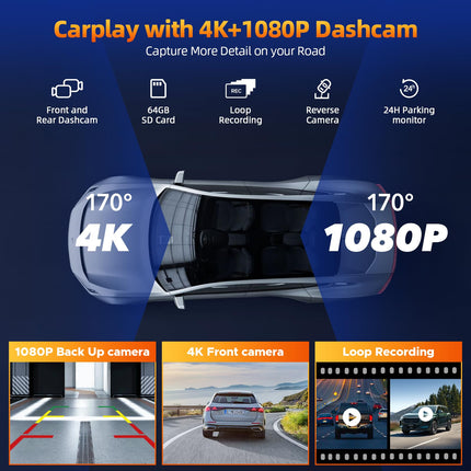 Volam 9,26-tolline kaasaskantav autoraadio Carplay ekraaniga 4K armatuurlauaga auto esi- ja tagakaamera, 1080P tahavaatekaamera, juhtmevaba Apple CarPlay Android Auto, Mirror Link, GPS, Google, Siri, FM, AUX, 64G SD-kaart