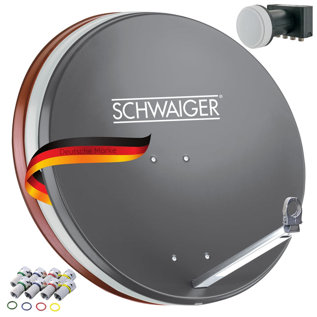 SCHWAIGER satelliitantenni komplekt koos Quad LNB digitaalse HD 4K terasest SAT-süsteemiga, 75 cm antratsiitvärvi mastikinnitus, F-pistik, kinnitusmaterjalid Astra Hotbird, Eutelsat, Türksat Amos