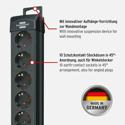 Brennenstuhl Premium-Line, 10-way power strip &amp; Eco-Line, 3-way power strip with surge protection (multiple socket with switch and 1.5m cable - especially energy-saving) anthracite