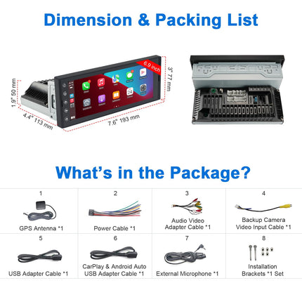 6.9 inch Android car radio 1Din, 2G+32G wireless CarPlay radio with screen, touchscreen car radio Bluetooth with GPS, WiFi, Google Play, AM/FM/RDS, SWC, Hands Free Calling