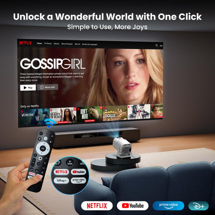 [Netflixi ametlik/stereokõlar] 4K projektor WiFi ja Bluetoothiga, 1080P natiivne mini kaasaskantav projektor, ühe klõpsuga kasutatav sisseehitatud Netflix/YouTube/PrimeVideo/D+, nutika kodu õueprojektor valge