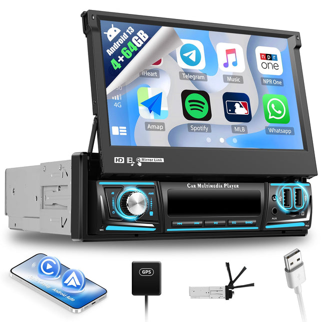 [4+64GB] SIXWIN 1 DIN Android 13 autoraadio Carplay, Android Auto Mirrorlinki, 7-tollise puuteekraan, pikendatav, manuaalne WiFi, GPS, Bluetooth, RDS/FM 32EQ, USB, TF