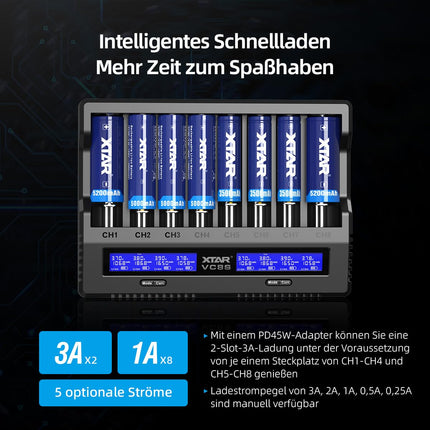 XTAR VC8S 18650 universaalne akulaadija USB-C kiirlaadija LCD-ekraaniga, mahtuvuse testi ja 8 laadimispesaga 1,2 V AA 21700 26650 laetavatele akudele – akulaadija (VC8S KT)