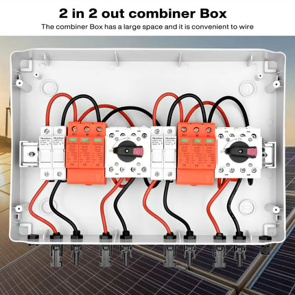 Ülepingekaitse PV - 1000V 32A Päikesepaneelide ühenduskarp, piksekaitse, alalisvoolu lahtiühendamise lüliti, PV-süsteem, 2-poolne (2 sisendit, 2 väljundit), alalisvoolu ühenduskarbi kaitselüliti, päikesepaneelide toitepistik