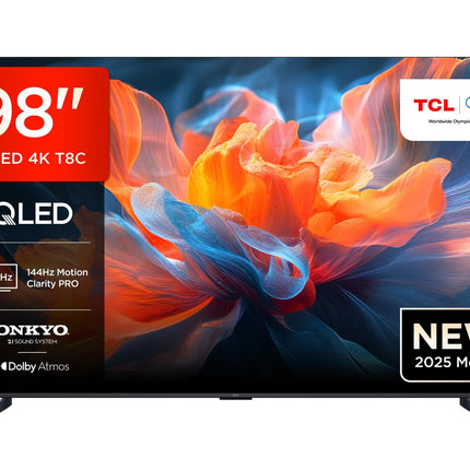 TCL 98T8C 98-tolline QLED 4K HDR Ultra HD teler, Google TV-ga nutiteler (Dolby Vision ja Atmos, 144Hz Motion Clarity Pro, FreeSync, Onkyo 2.1 heli, hääljuhtimine)