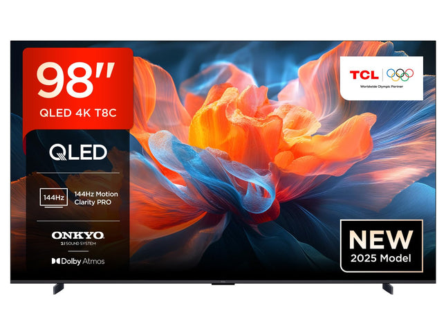 TCL 98T8C 98-tolline QLED 4K HDR Ultra HD teler, Google TV-ga nutiteler (Dolby Vision ja Atmos, 144Hz Motion Clarity Pro, FreeSync, Onkyo 2.1 heli, hääljuhtimine)