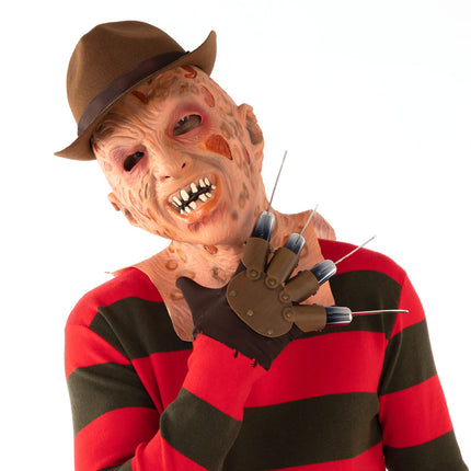 Yearsahrk Freddy Kruegeri kostüüm, 4-osaline õudusunenäo kostüüm, triibuline kampsun, hirmutav mask, kinnas küünisega, kauboi müts, halloweeni cosplay täiskasvanutele (suur)