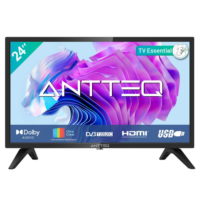 Antteq Essential seeria televiisor 24-tolline (60 cm) LED HD 720P televiisor, Dolby Audio, kolmekordne tuuner DVB-C / T2 / S2, CI+, hotellirežiim, 2024