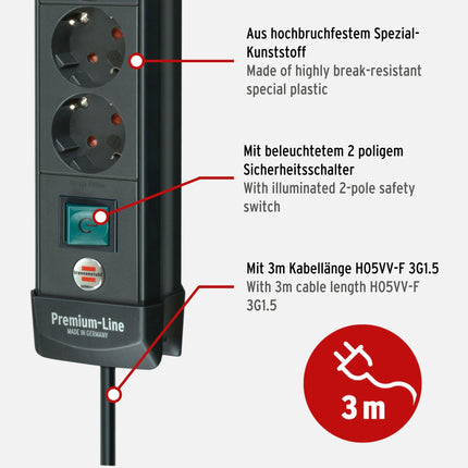 Brennenstuhl Premium-Line, 10-way power strip &amp; Eco-Line, 3-way power strip with surge protection (multiple socket with switch and 1.5m cable - especially energy-saving) anthracite