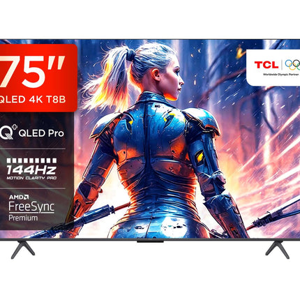 TCL 75T8B 75-tolline QLED Pro 144Hz Onkyo mänguteler, 4K UHD, HDR Pro, Google TV (Dolby Vision IQ ja Atmos, liikumise selgus, käed-vabad hääljuhtimine, ühildub Google Assistant ja Alexaga)