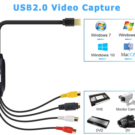 Amtake VHS USB 2.0 videograbber, VHS digiteerimisseadme muundur, heli- ja videokaart, vana VHS Mini DV Hi8 DVD videomaki digitaalmuundur Macile, Windows 2000, XP, WIN7/8/10/11, Vistale