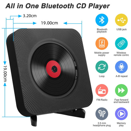 Adirigo kaasaskantav lauaarvuti CD-mängija Bluetoothiga – K-pop muusika CD-mängija, sisseehitatud kahe HiFi kõlariga, multifunktsionaalne seinale kinnitatav CD-mängija puldiga (must)
