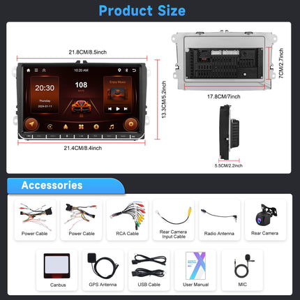 2G+64G Android autoraadio VW Golf 5 6 Passat Polo Tiguan Touran Caddy Skoda Seat jaoks koos Carplay Android Auto-ga, 9-tolline puutetundliku ekraaniga autoraadio GPS-navigatsiooniga Bluetooth FM/RDS WiFi EQ tahavaatekaamera