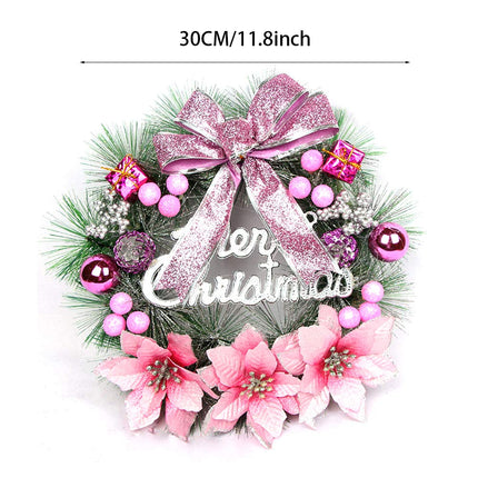Warmiehomy Christmas Wreath, 30 cm Artificial Front Door Wreath, Hanging Garland with Flowers and Bow, Christmas Decoration, New Year Decoration, Gift, Pink