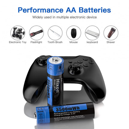 Hixon 1.5V AA Battery, Lithium AA Rechargeable Battery, 1.5V Constant Output with Max 3 Amp Discharge Current, 1500 Cycles, 3500 mWh High Capacity AA Lithium Battery, Set of 8 Batteries