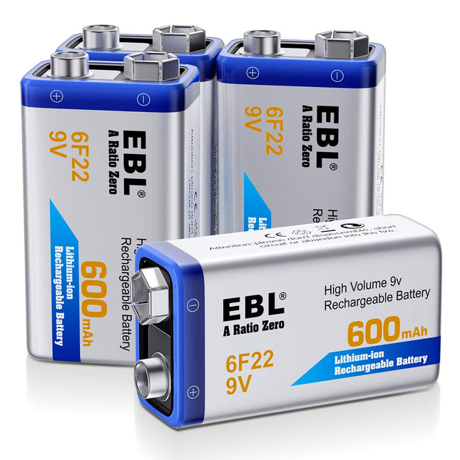EBL 9v battery 600mAh type Li-Ion 6F22 rechargeable lithium-ion battery, low self-discharge for smoke detectors 4 pieces