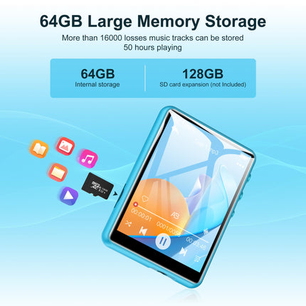 SWOFY 64GB MP3-mängija Bluetooth 5.3, 2.4-tolline puutetundlik mini MP3 MP4-mängija kaasaskantav, HiFi muusikapleier lastele kõlariga FM-raadio, toetab kuni 128 GB (sinine)