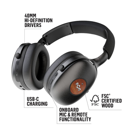 House of Marley Positive Vibration XL ANC kõrvapealsed mürasummutavad kõrvaklapid, juhtmevabad Bluetooth-kõrvaklapid - jätkusuutlikest materjalidest Bluetooth-kõrvaklapid, 35 tundi taasesitust, mikrofon, ANC-kõrvaklapid, mustad