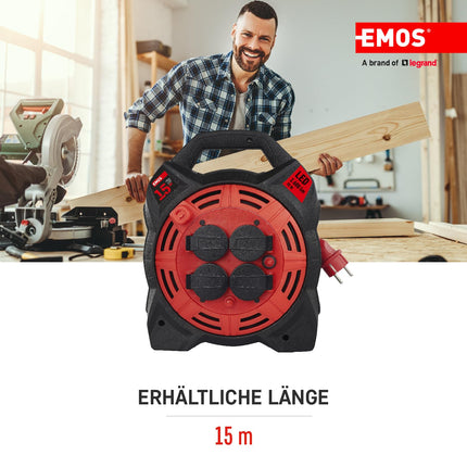 EMOS - 15m kaablirull LED-prožektoriga - 4 Schuko pistikupesa - veekindel, löögikindel, kuuma- ja külmakindel - 230 V, 13 A, 3000 W - H07RN-F3G 1,5 mm² - IP44 välistingimustes kasutamiseks