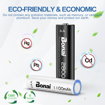 BONAI akud 8XAA ja 8XAAA 2800/1100mAh laetavad akud, suure mahutavusega 1,2 V AA/AAA NI-MH laetavad akud, madala isetühjenemisega