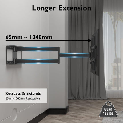 BONTEC teleri seinakinnitus 1040 mm ekstra pika liigendvarrega 32–75-tollistele LCD/LED/OLED lameekraanidele kuni 60 kg kaaluga, kallutatav, pööratav ja pööratav, telerikinnitus, max VESA 600 x 400 mm