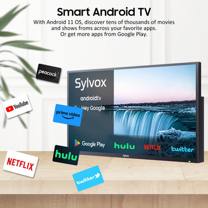 SYLVOX 75-tolline õueteler, IP55 veekindlus, 1000 nitti, 4K UHD HDR10, nutikas Android-teler Dolby Audio, DVB-T2/S2, HBBTV ja Google Assistantiga. Ilmastikukindel televiisor terrassile, aeda ja äripindadele.
