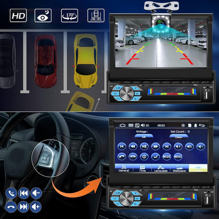 CAMECHO 1 DIN Carplay/Android Auto/Peeglingi autoraadio ekraaniga, 7-tolline mootoriga pikendatav puutetundlik ekraan, autoraadio Bluetooth peeglilingiga (Android/IOS) + väline mikrofon + tahavaatekaamera