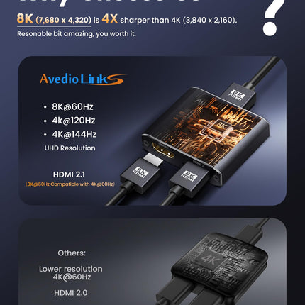 8K HDMI-lüliti jaotur, avedio links alumiiniumist kahesuunaline HDMI-lüliti 2 sisendit 1 väljundit või 1 sisendit 2 väljundit, HDMI 2.1 lüliti jaotur toetab 8K 4K-d PS5/4 HDTV jaoks